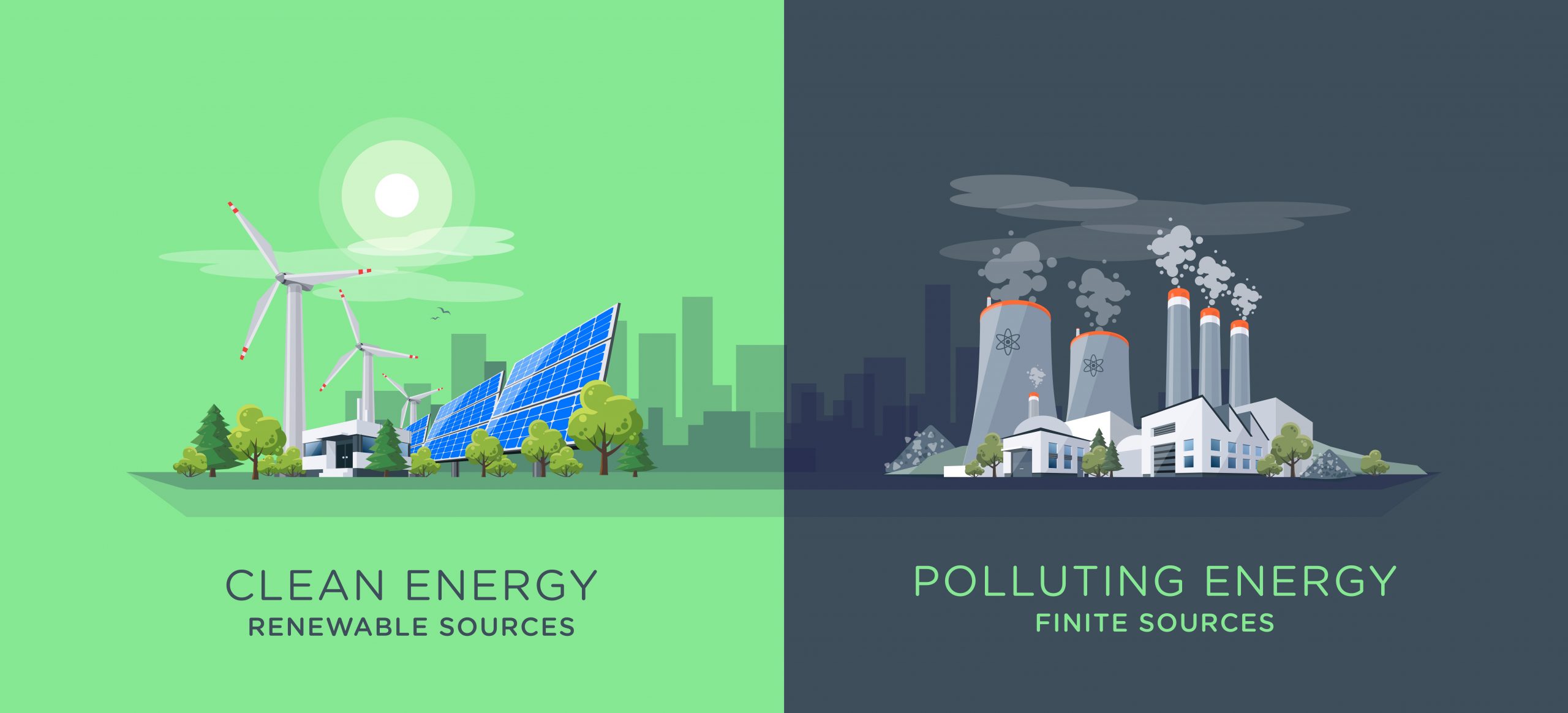 illustration showing clean and polluting electricity generation production. Polluting fossil thermal coal and nuclear power plants versus clean solar panels and wind turbines renewable energy.