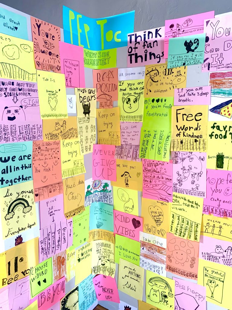 PeptocFlyersWall An installation of the students' inspirational Peptoc flyers at a youth art exhibit at Healdsburg Center for the Arts in March 2022.