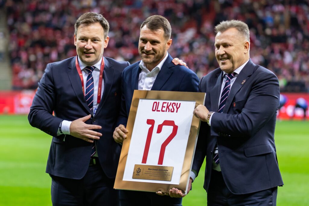 WARSAW, POLAND - 27 MARCH 2023: UEFA Euro 2024 qualifying match, Poland vs Albania 1:0, o.p: Lukasz Wachowski (L), Marcin Oleksy (C) the winner of FIFA Puskas Award 2023, Cezary Kulesza (R)